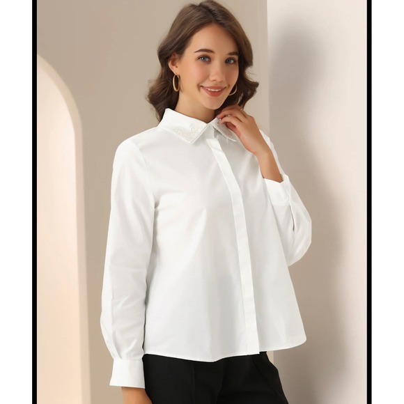 Allegra K Tops - Women's Allegra K Embroidered Collar Button-Down Shirt – White – Size Small